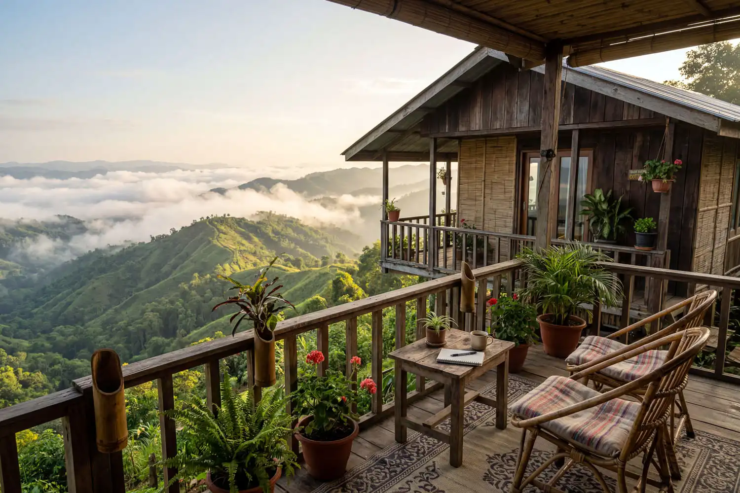 Wooden eco cottage in Sajek with a balcony overlooking cloud-covered green hills