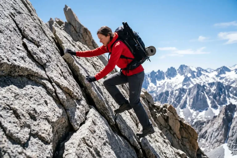 Hiker scrambling up steep granite ridge