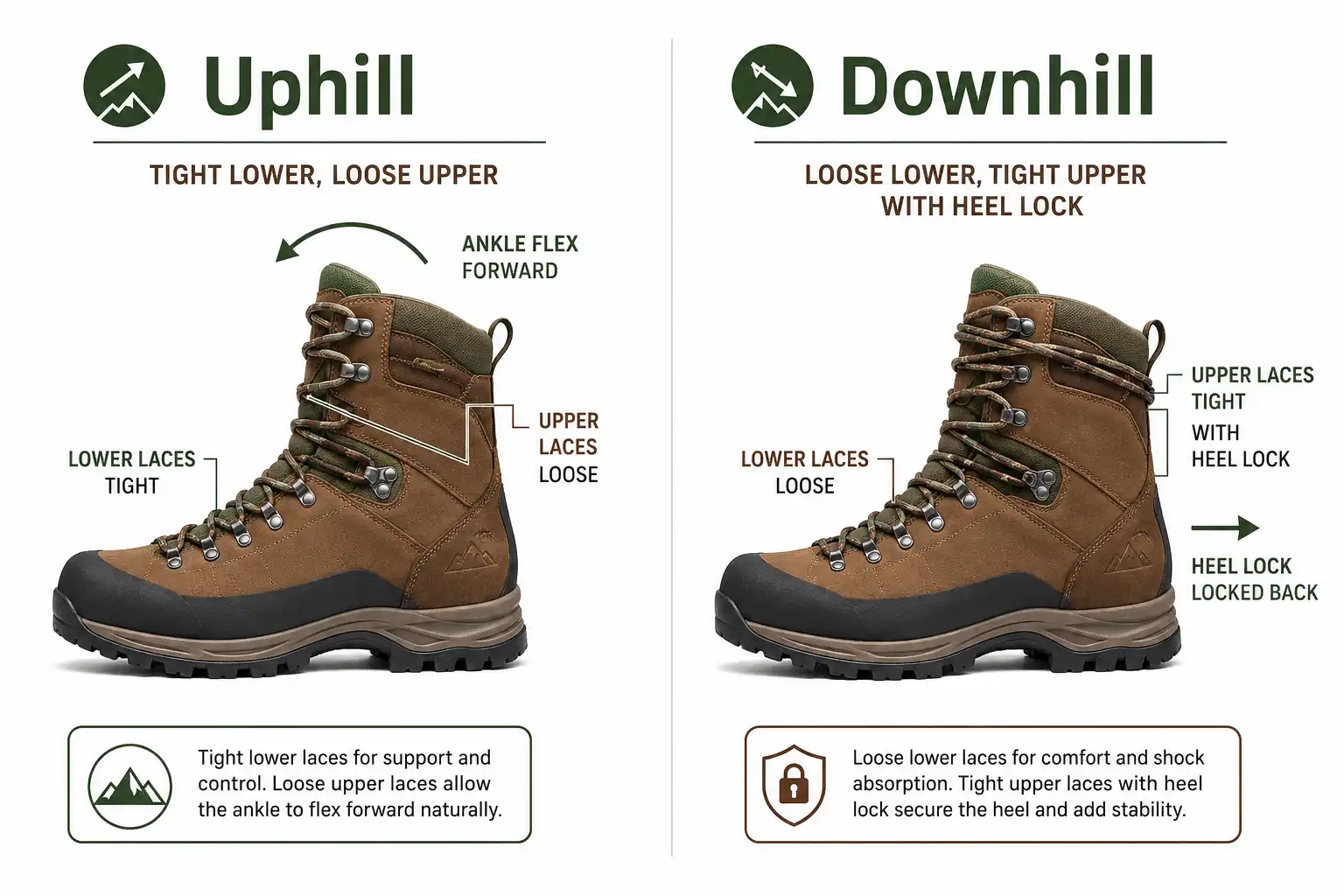 Side by side infographic comparing loose ankle uphill lacing with tight ankle downhill lacing for hiking boots