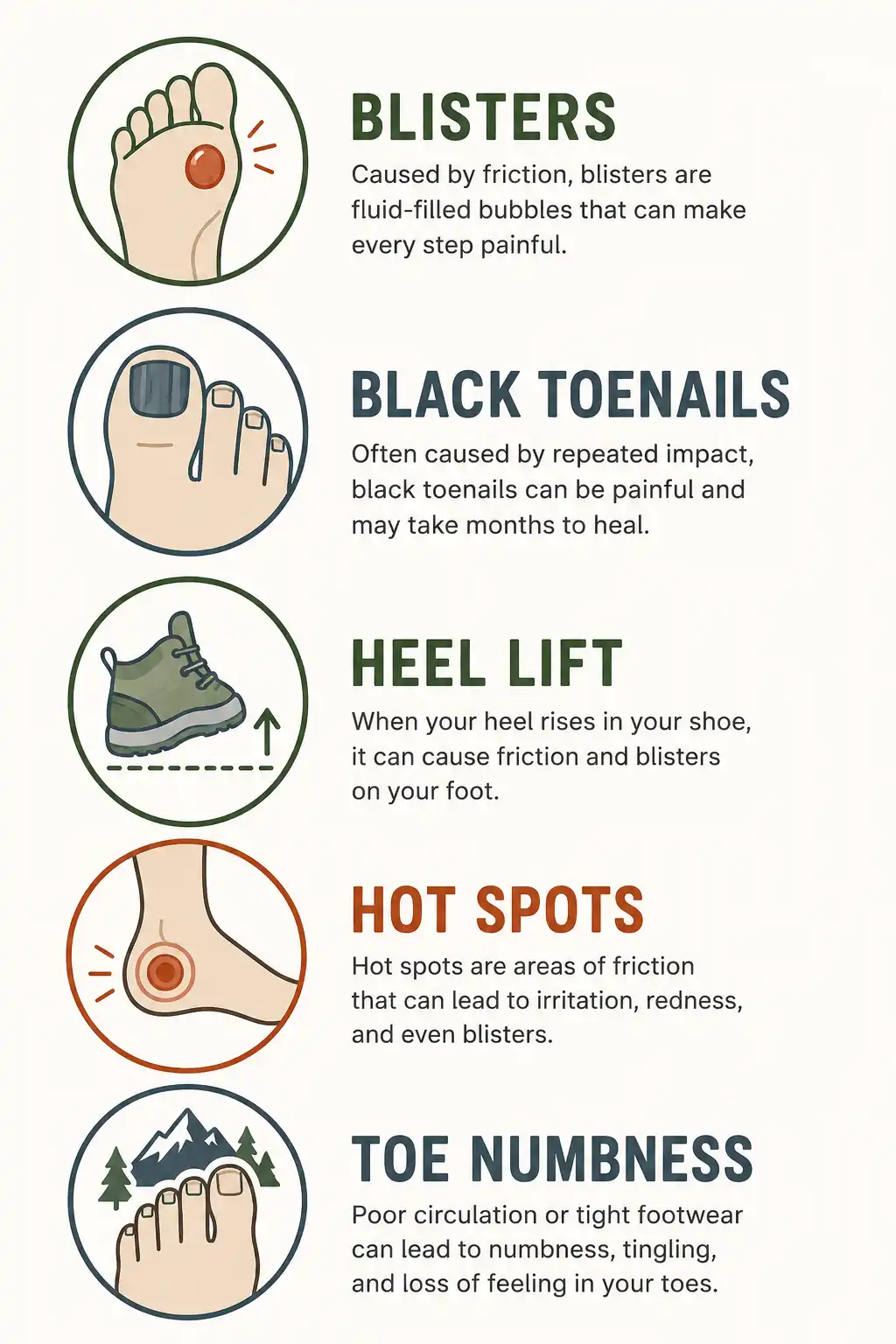Infographic of five common signs of poor hiking boot fit including blisters, bruised toenails, heel slip, hot spots, and toe numbness