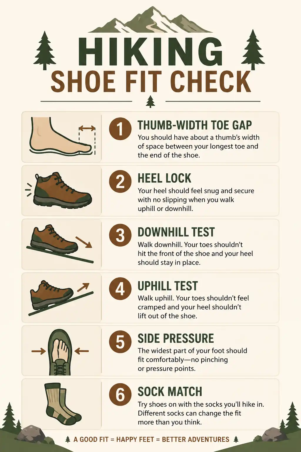 Checklist infographic listing the six tests to check hiking shoe fit before buying
