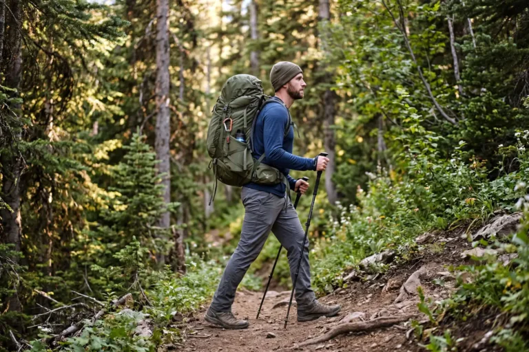 Solo hiker carrying a correctly fitted mid-size hiking backpack on a forest mountain trail