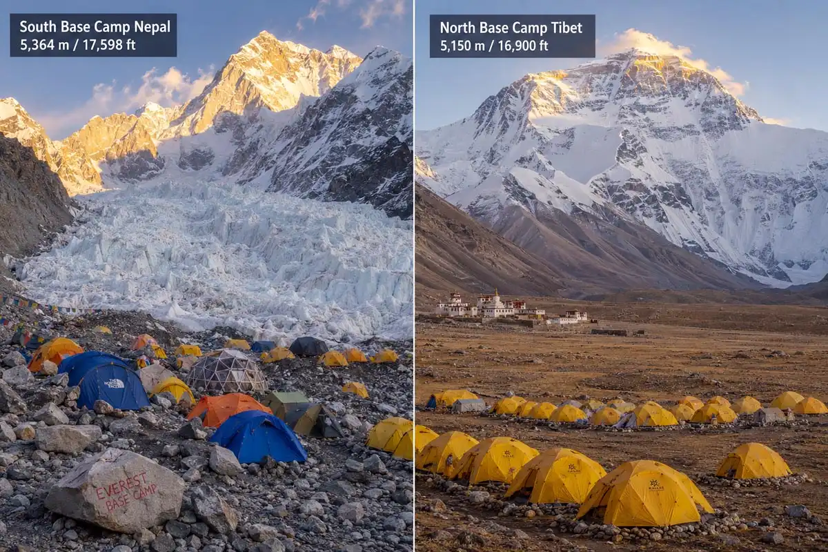 Comparing South Base Camp in Nepal at 5,364 meters with North Base Camp in Tibet at 5,150 meters