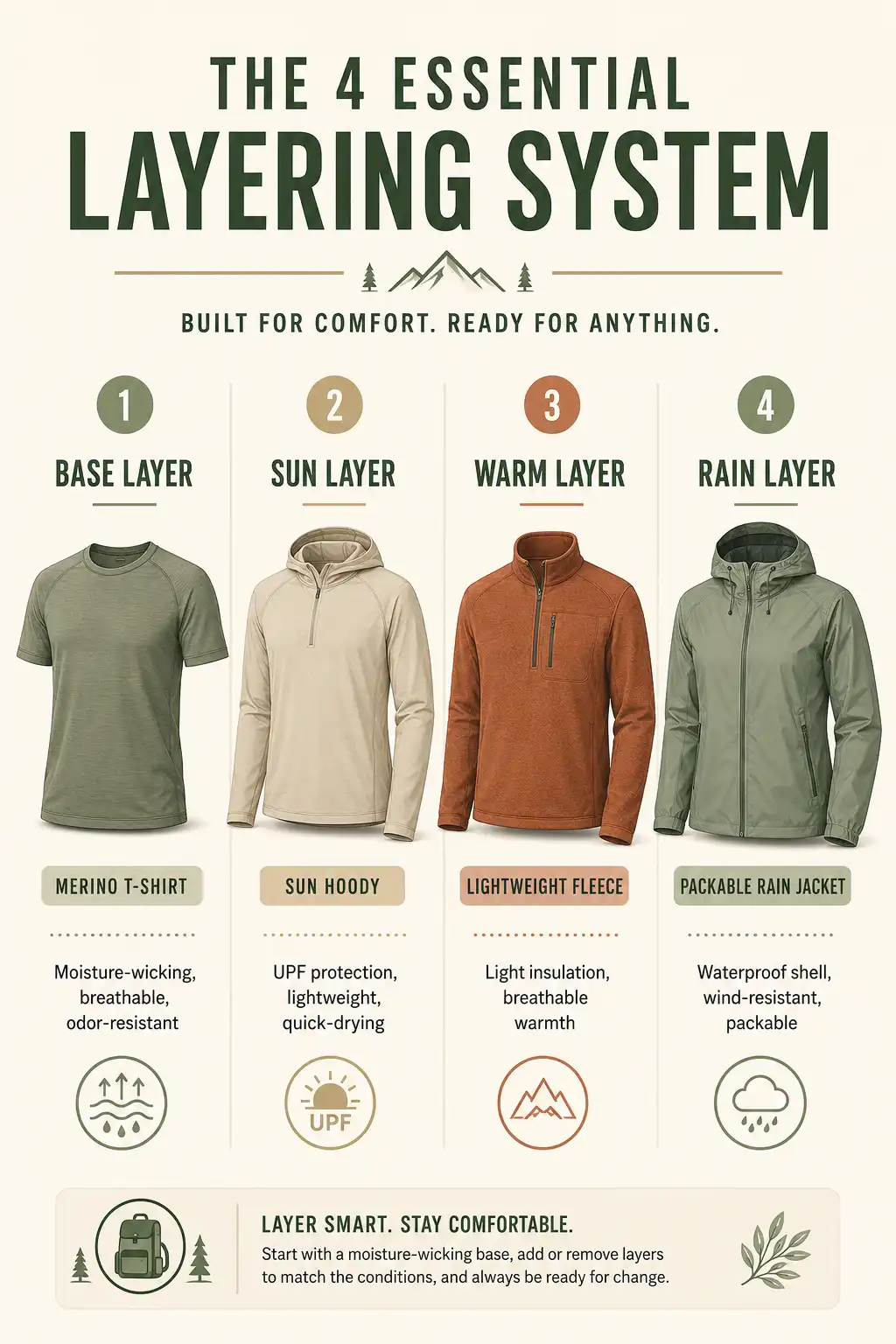 Infographic of summer camping clothing layers from base layer to rain shell with fabric recommendations