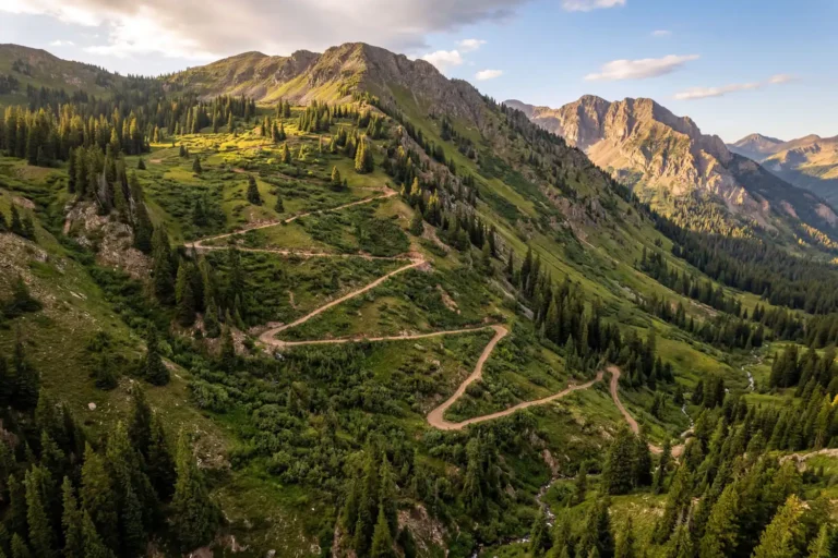 Switchback hiking trail zigzag pattern on mountain slope