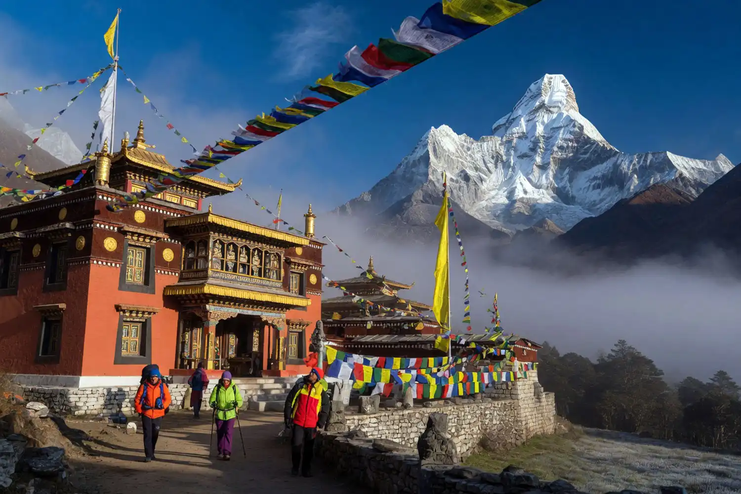 The Tengboche Monastery in the Khumbu region of Nepal with Ama Dablam peak framed behind in soft morning light