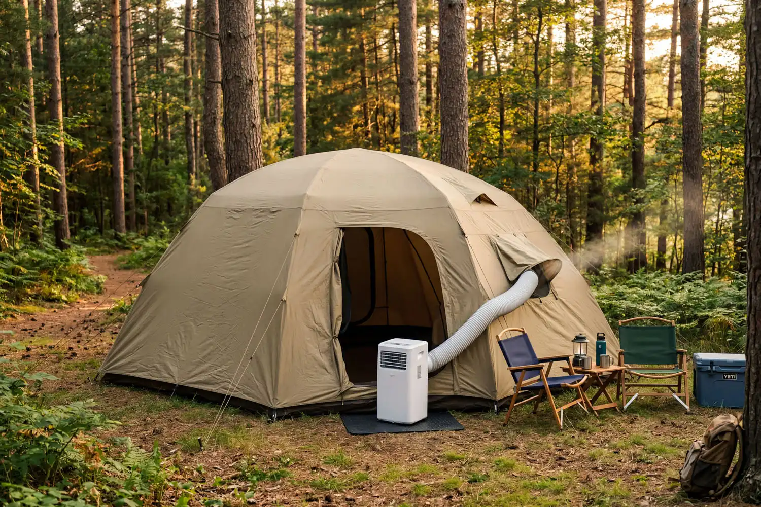 Family dome tent with a portable air conditioner unit and exhaust hose at a forested summer campsite