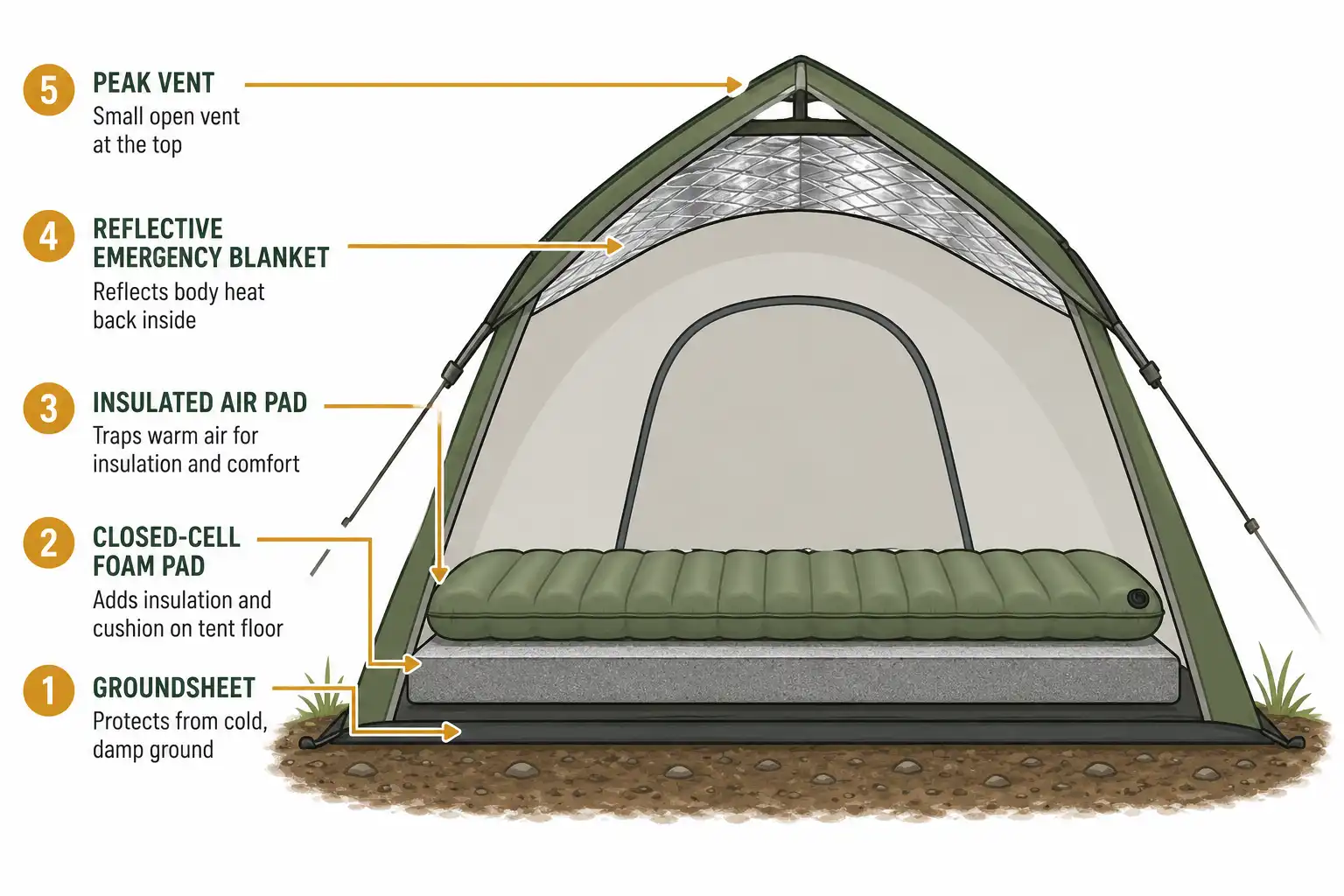Side-view infographic of five layered tent insulation steps from groundsheet to top vent for winter camping warmth