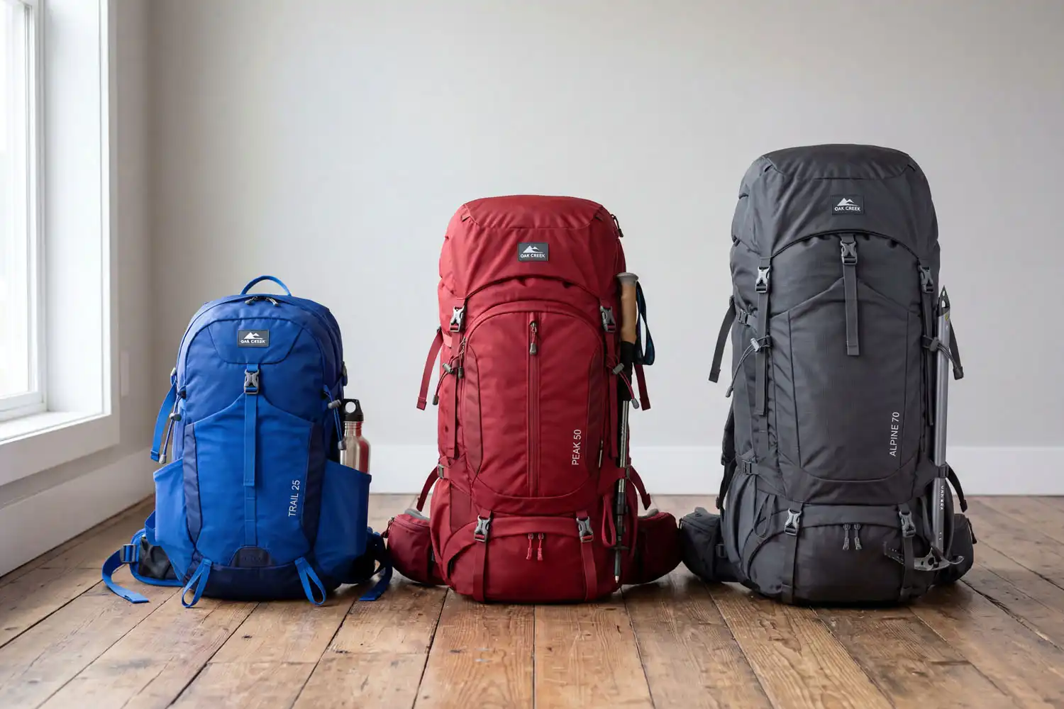 Three hiking backpacks in 25 liter, 50 liter, and 70 liter sizes lined up side by side for size comparison
