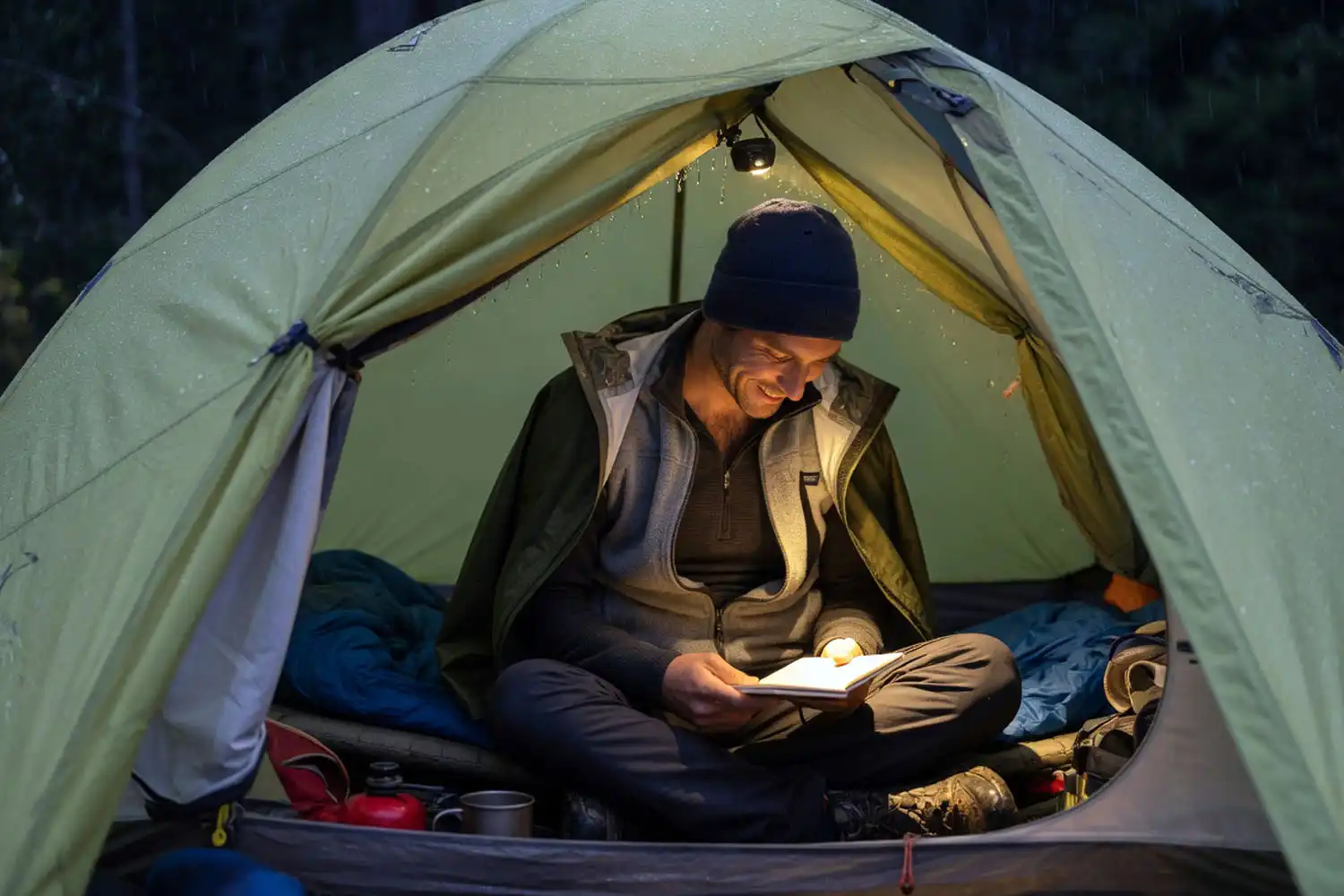 Camper inside a tent wearing merino base layer fleece mid layer and rain shell with wool beanie