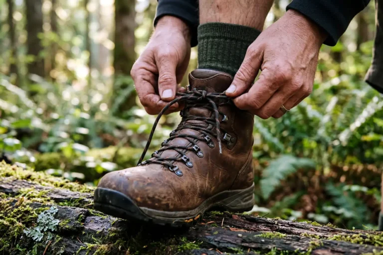 hiker tying brown leather hiking boots with a surgeon’s knot on a forest trail