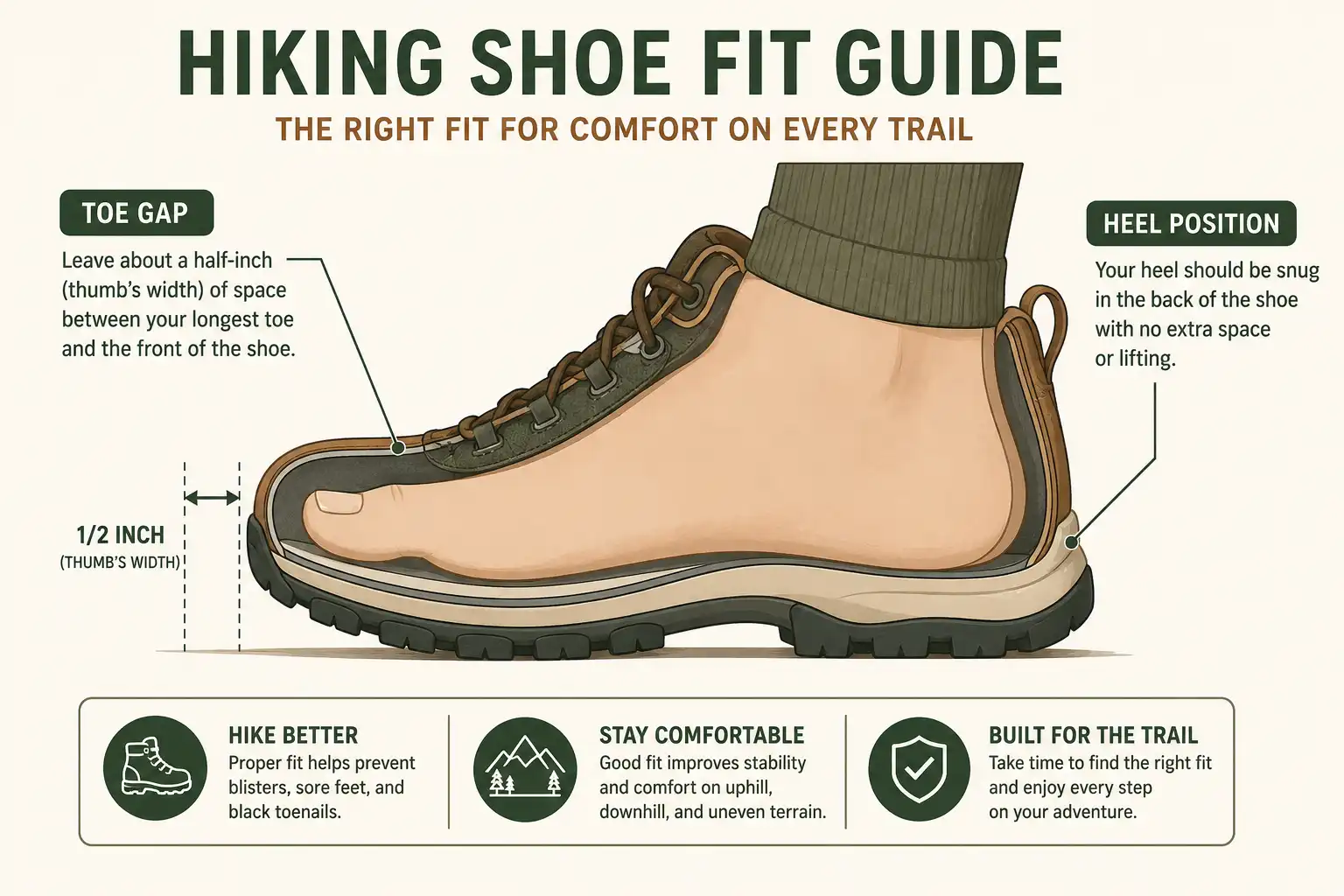 Infographic of a thumb’s width of space between the longest toe and the front of a hiking shoe