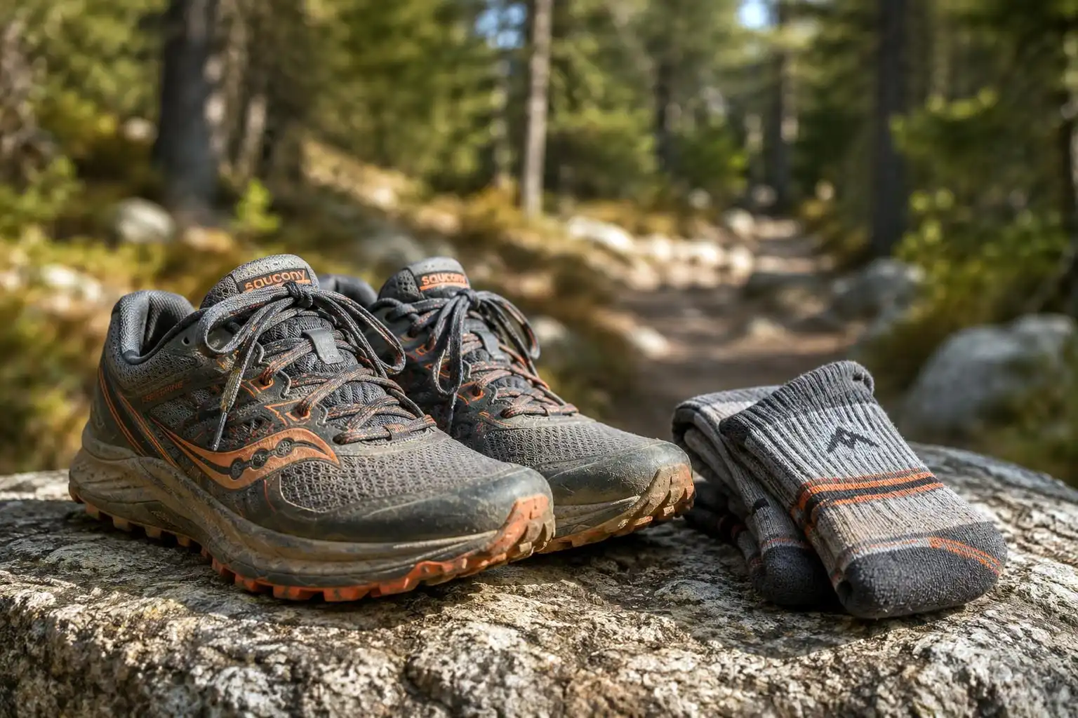 Breathable trail running shoes and merino wool socks resting on a rock at a summer hiking campsite