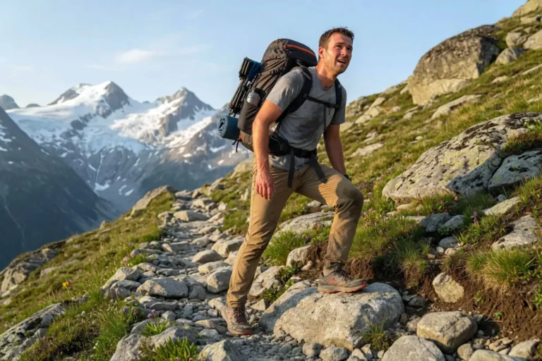 Fit hiker climbing a steep alpine trail with a loaded backpack as part of high altitude training