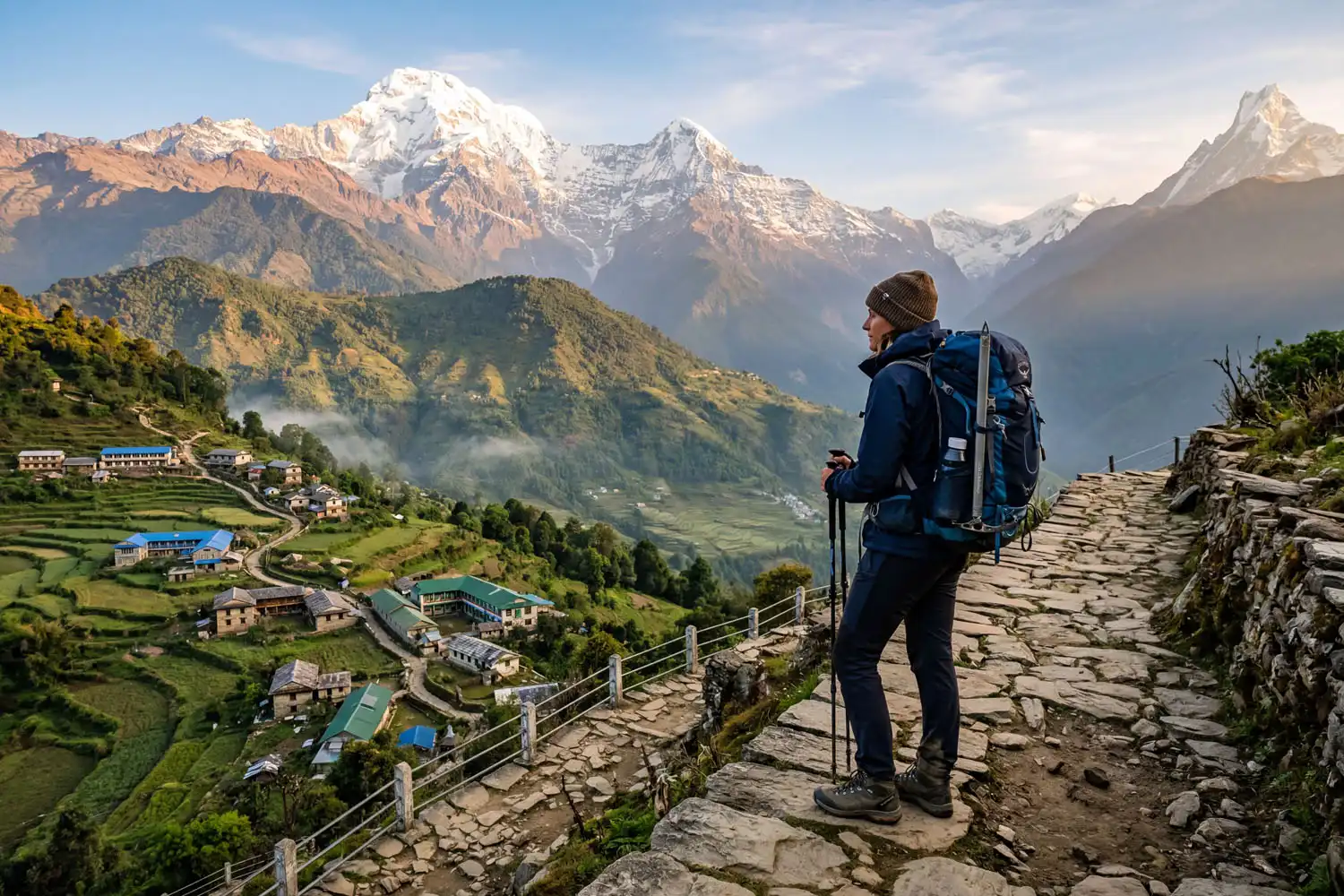 Hiker with backpack standing on a ridge above a Nepalese mountain valley with snowy Himalayan peaks in the distance