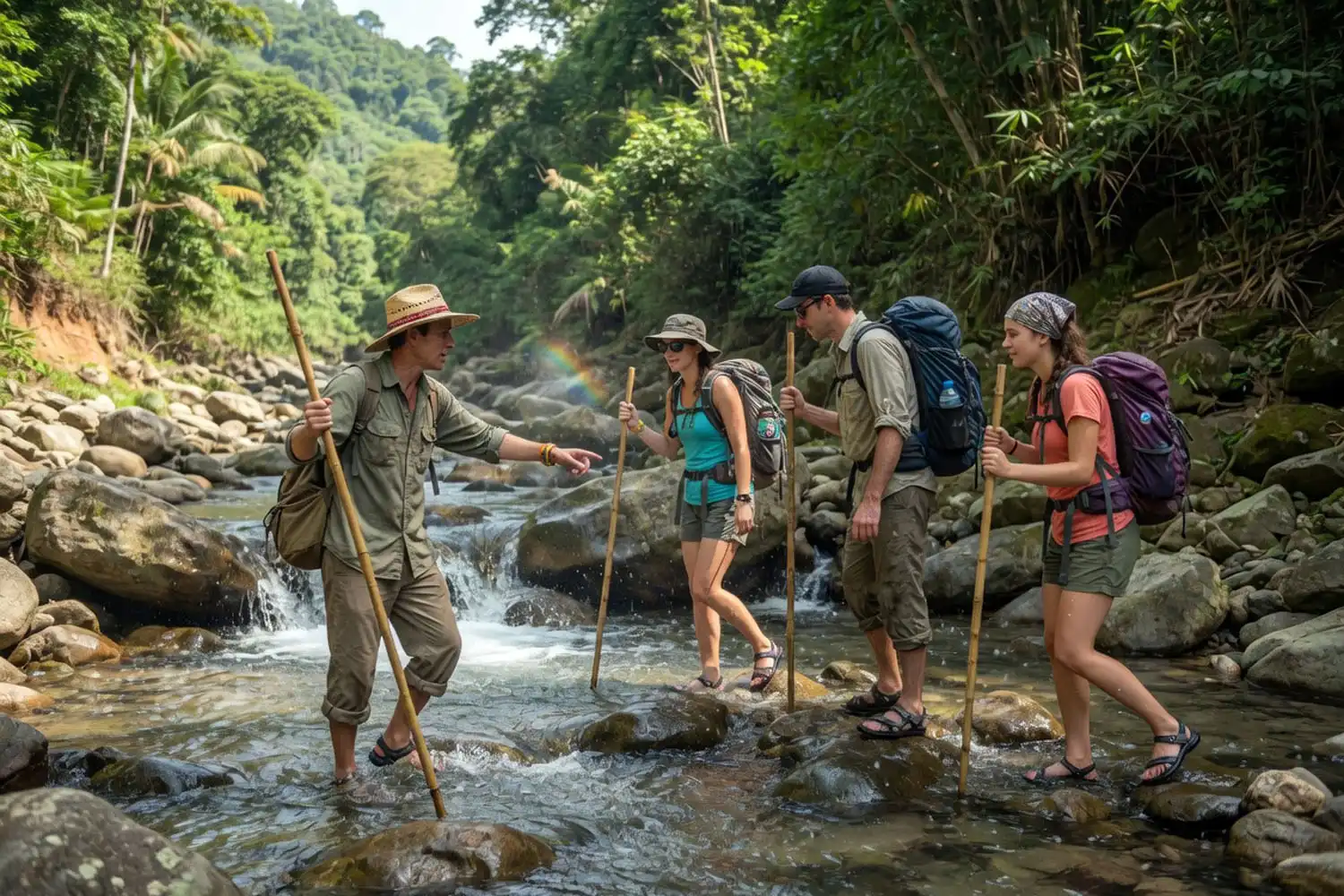 Group of trekkers wading across the rocky Remakri canal with a guide on the way to Nafakhum