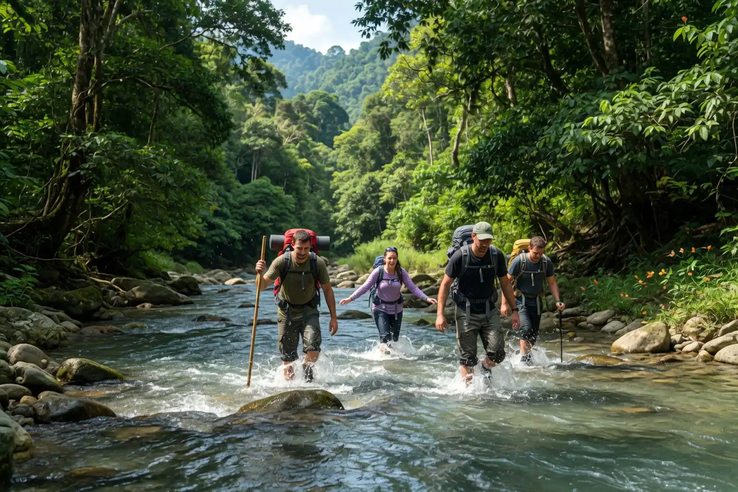 Hikers crossing the shallow Remakri canal between green hills on the trail to Nafakhum waterfall