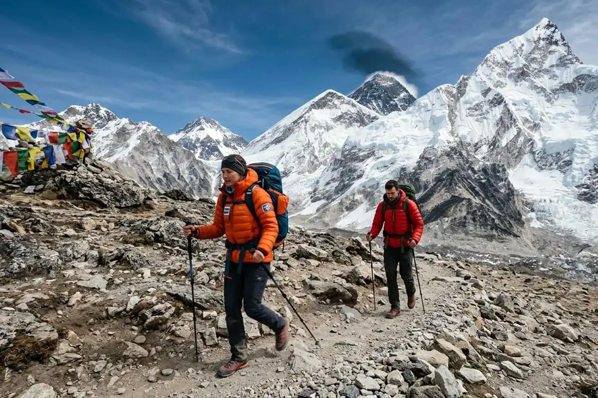 Two trekkers in cold weather gear walking a rocky high-altitude trail toward