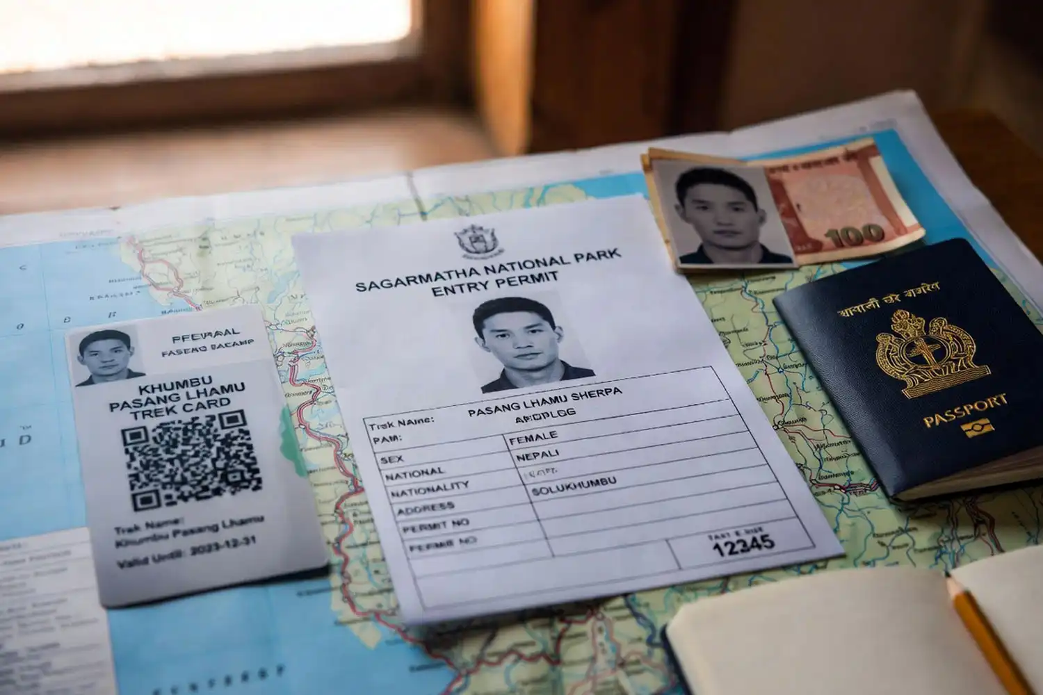 Everest Base Camp trekking permit and Trek Card on map