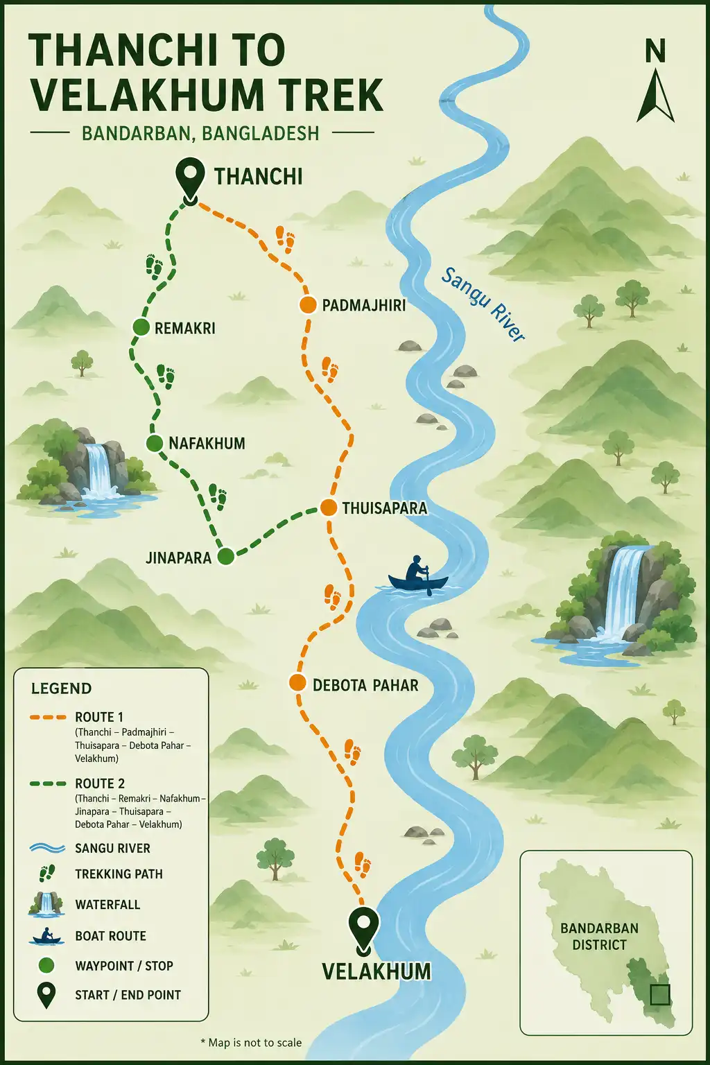 Infographic map of two trekking routes from Thanchi to Velakhum through Remakri, Nafakhum, Thuisapara, and Debota Pahar