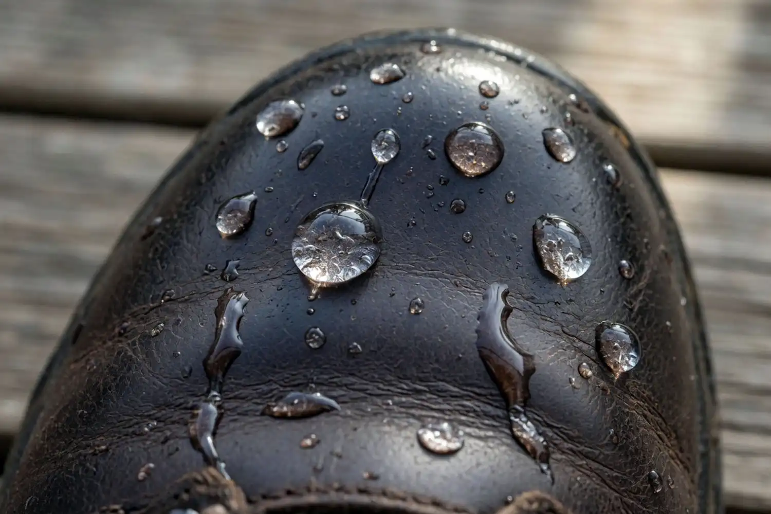 Water droplets beading up and rolling off the toe of a freshly treated brown leather hiking boot
