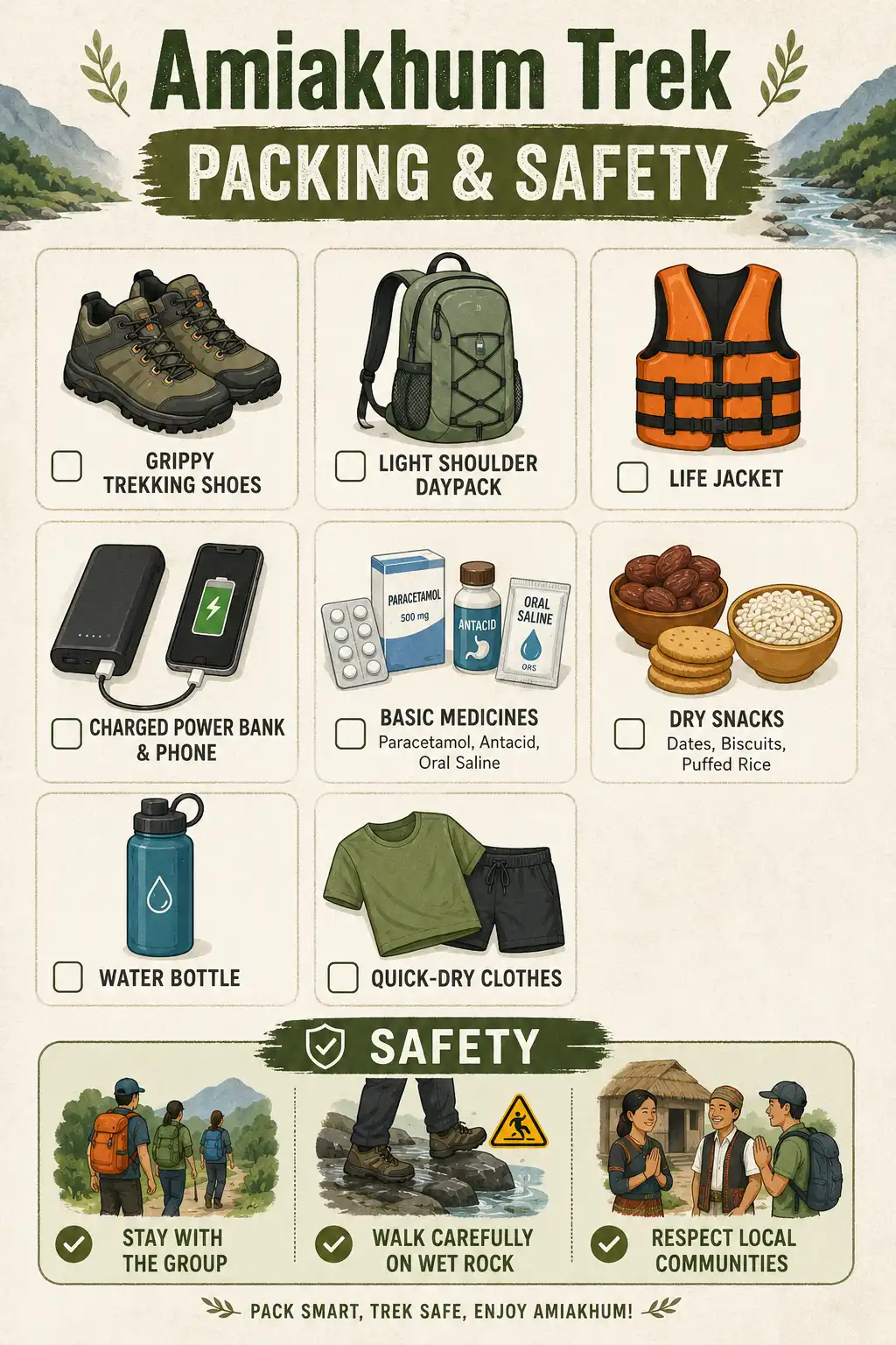 Packing and safety checklist infographic for the Amiakhum trek including grip shoes, life jacket, power bank, and medicines