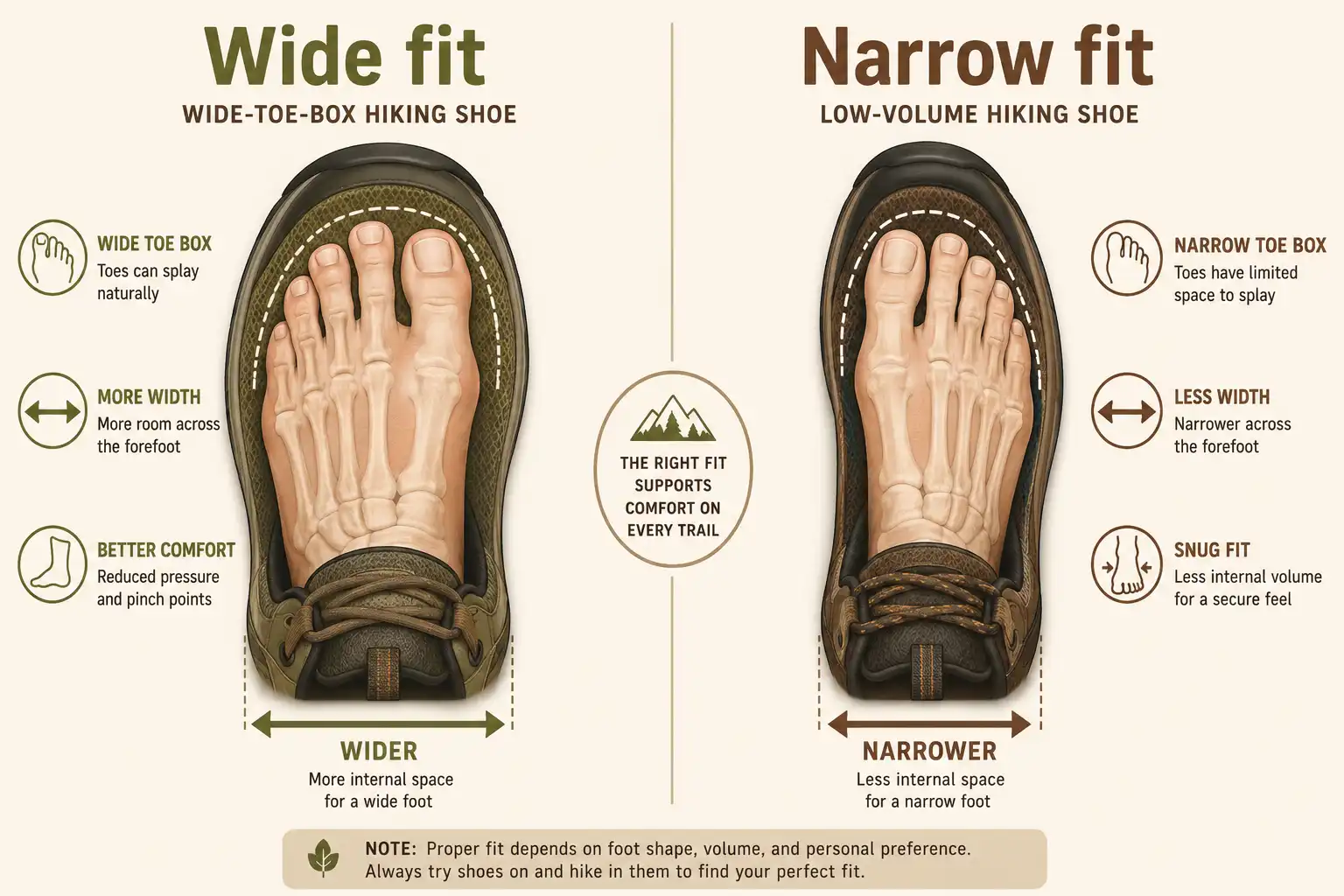 comparison of a wide foot inside a wide-last hiking shoe and a narrow foot inside a low-volume hiking shoe
