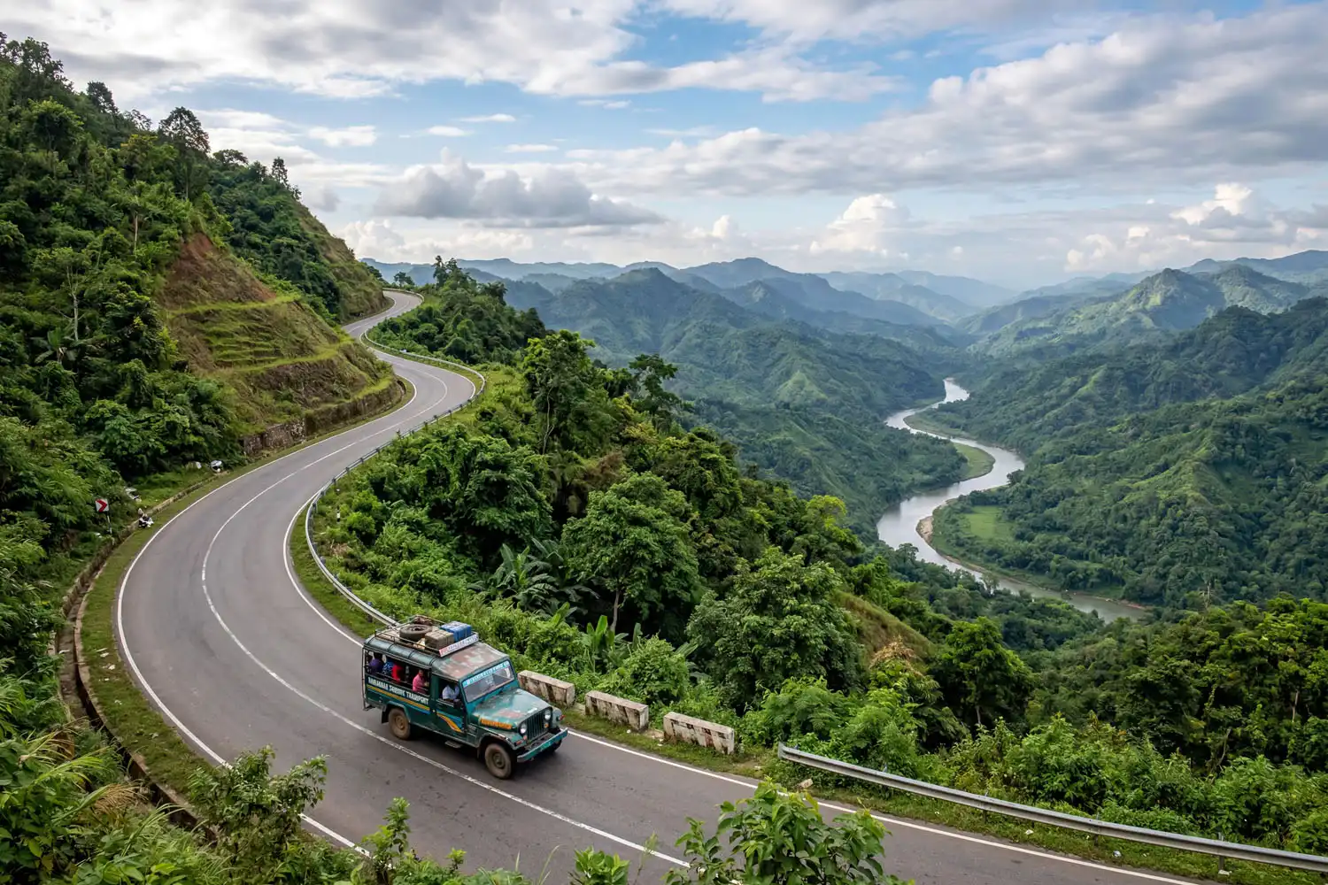 Curving hillside road climbing toward Chimbuk Hill with the Sangu River winding through green valleys below