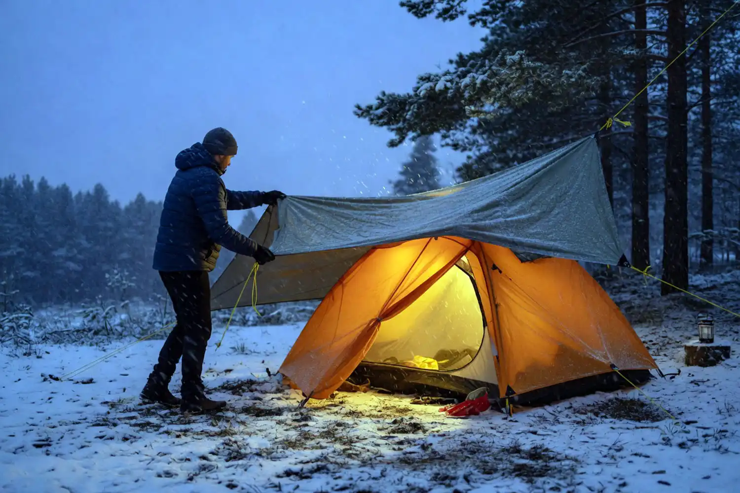Camper adjusting a tarp over an orange four-season tent in snow at blue hour with warm glow from inside
