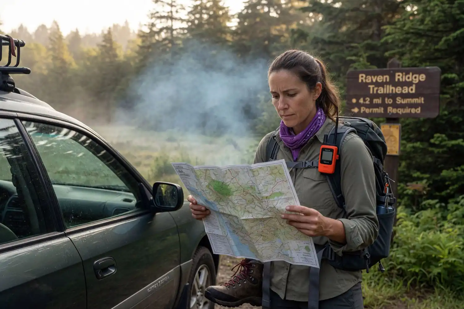 Woman in hiking gear standing beside her car at a quiet trailhead reviewing a paper trail map before starting a solo day hike