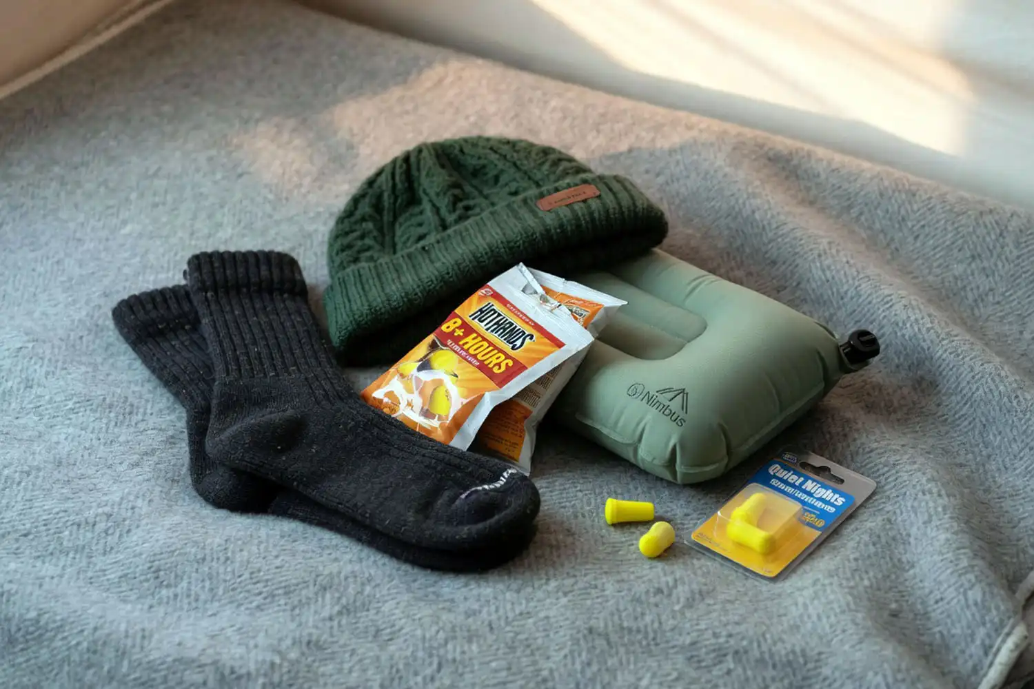 Sleep and comfort items including thick wool socks, a knit beanie, hand warmers, and a small inflatable pillow ready for a camping care package