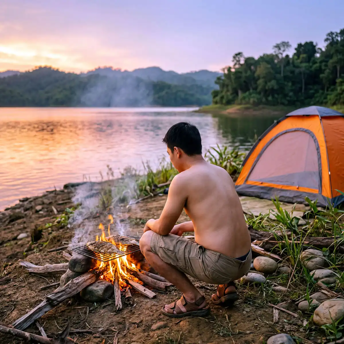 Grilling tilapia over a small campfire at Kaptai lake