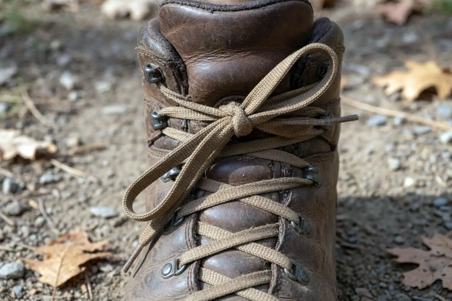 a heel lock surgeon’s knot tied at the ankle bend of a leather hiking boot