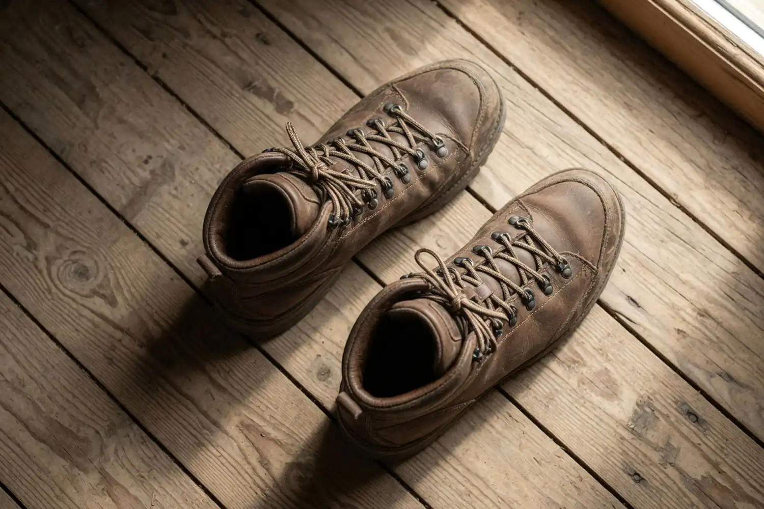 a pair of brown hiking boots laced tightly with even criss-cross pattern on a wooden cabin floor