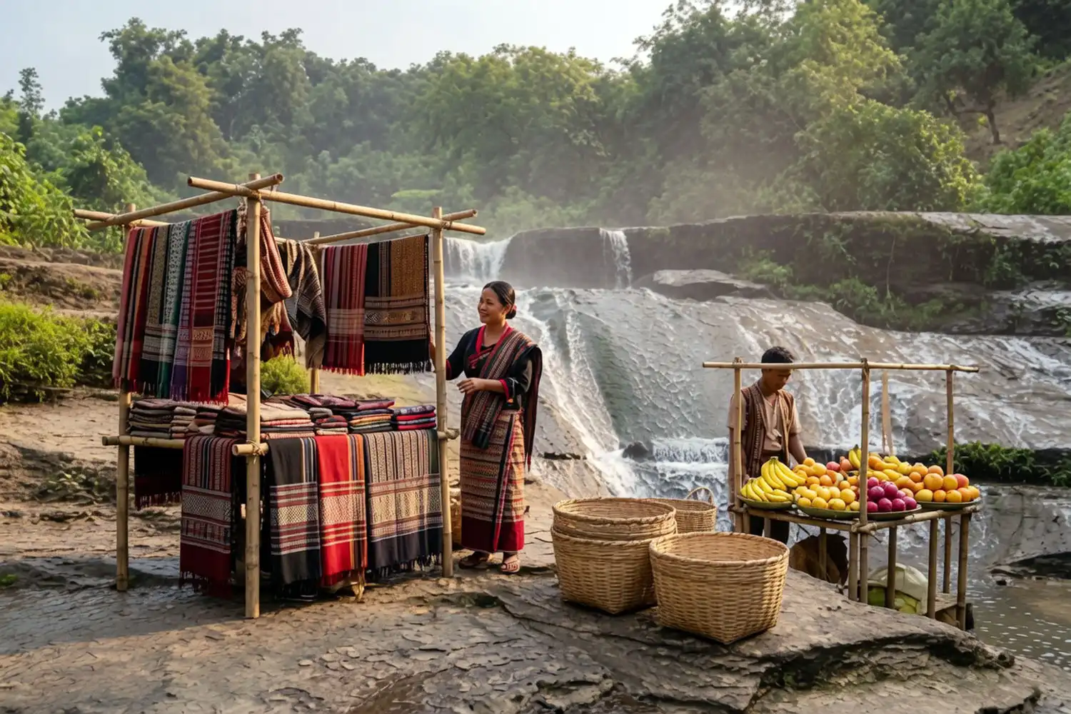 Bawm vendors selling hand-woven shawls and fresh seasonal fruit at roadside stalls near Shoilopropat Waterfall