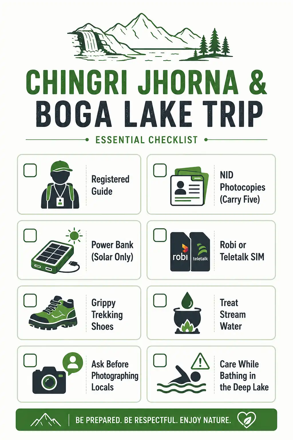 Infographic checklist of safety and packing tips for visiting Chingri Jhorna and Boga Lake, including ID copies, power bank, and SIM card