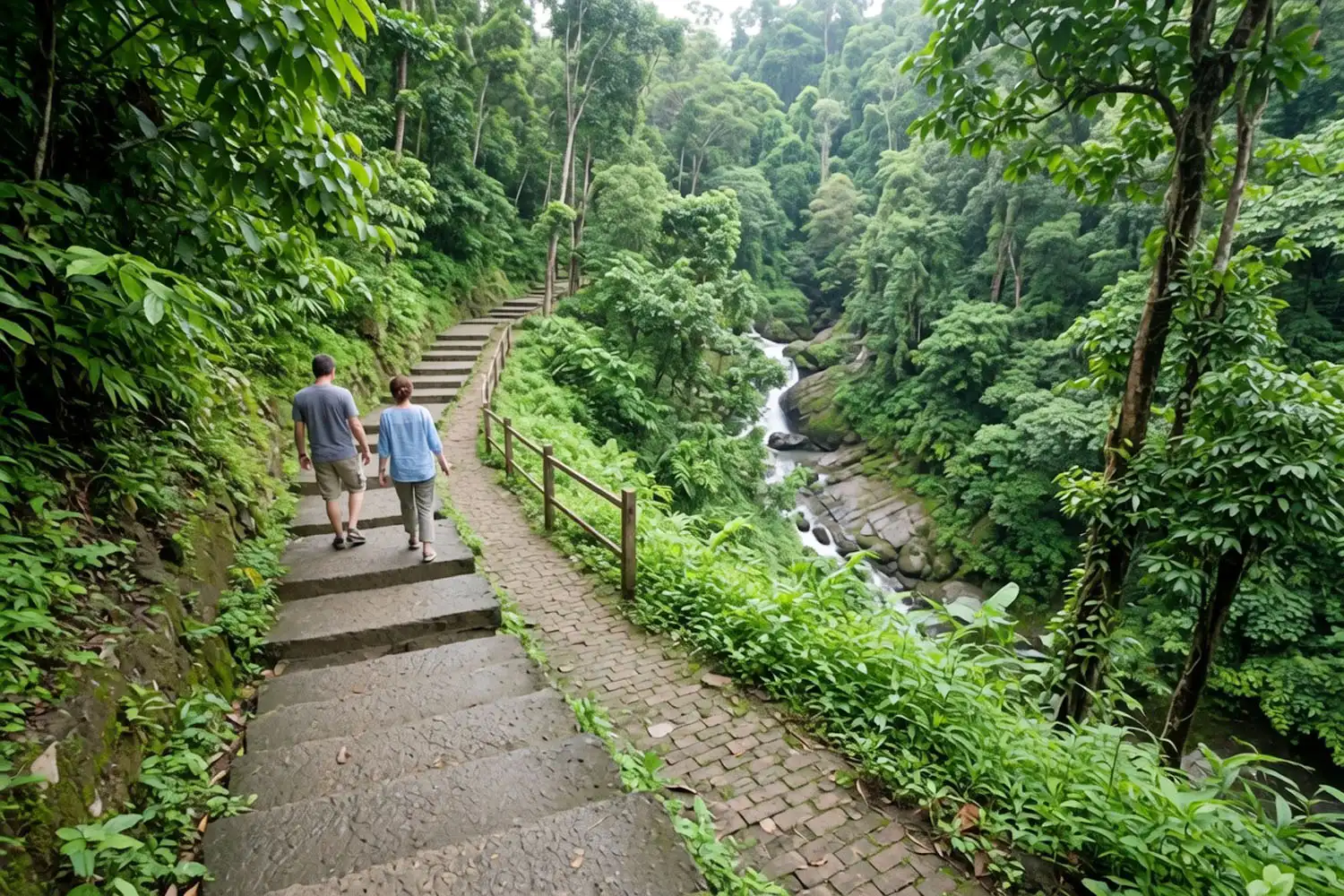 Long flight of cast-concrete steps descending a green hillside toward Risang Waterfall in Khagrachhari