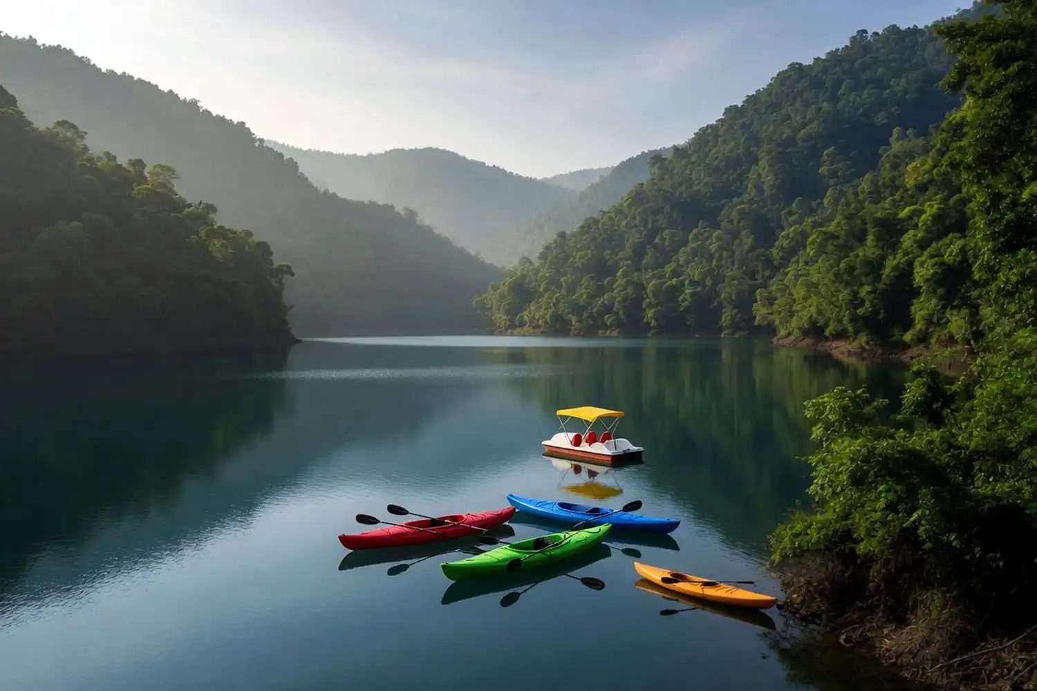 Visitors riding colorful kayaks and a paddle boat across Prantik Lake with forested hills behind