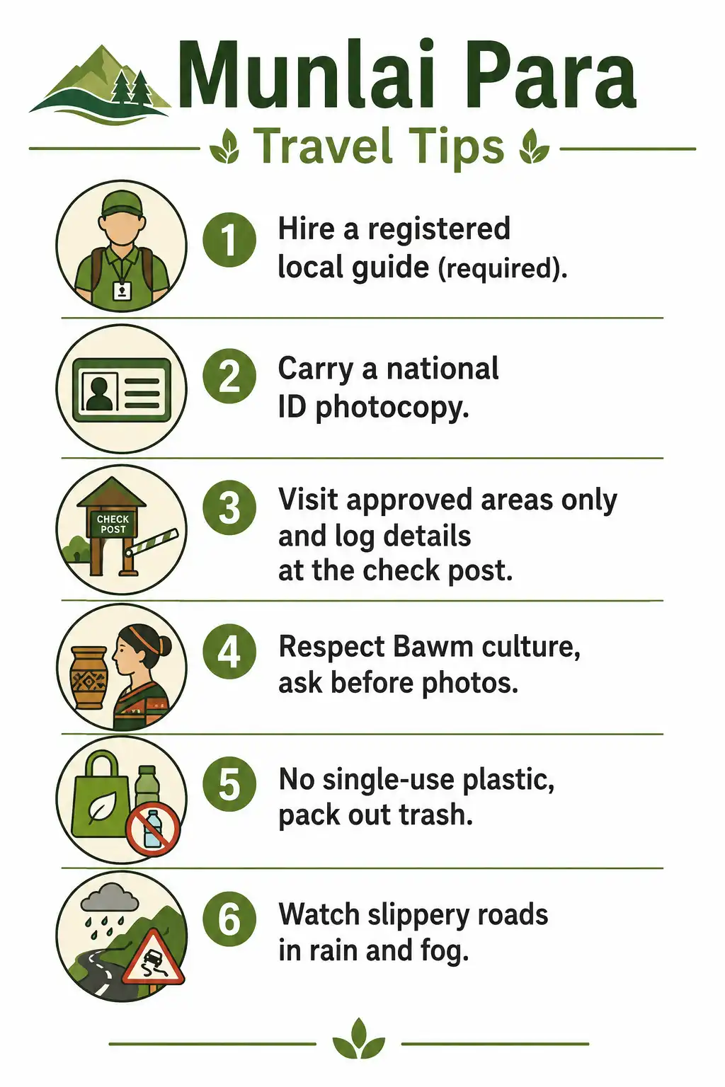 Infographic checklist of Munlai Para travel tips including registered guide, ID copy, approved areas only, no plastic, and slippery roads