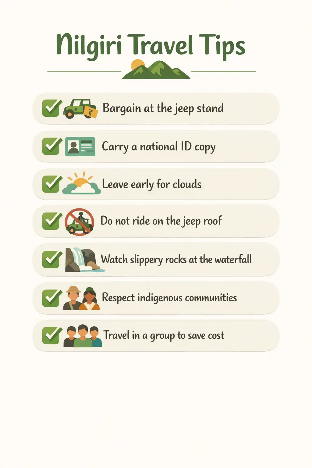 Infographic checklist of safety and budget tips for visiting Nilgiri in Bandarban