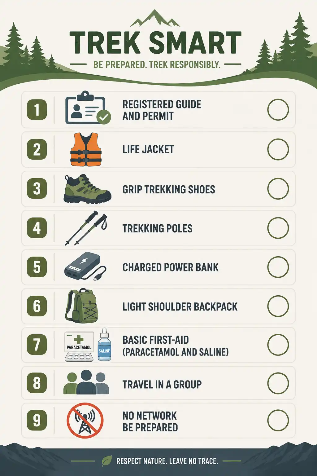 Safety and packing checklist infographic for visiting Remakri waterfall including guide permit life jacket grip shoes and power bank