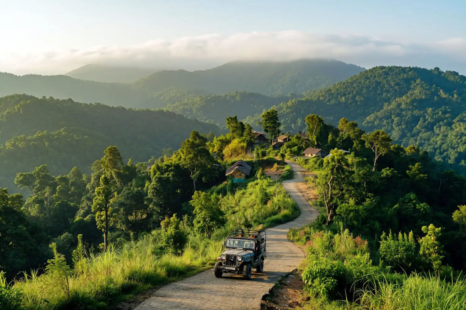 Winding hill road from Chakaria into Lama Bandarban with green ridges and morning cloud