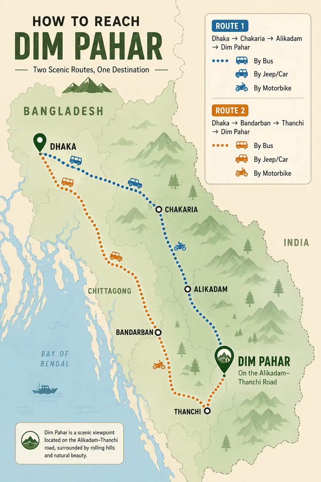 Route map infographic of how to reach Dim Pahar from Dhaka through Chakaria, Alikadam, Bandarban, and Thanchi
