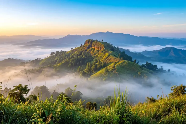 Saka Haphong summit ridge in Bandarban rising above a sea of clouds at sunrise on the Bangladesh Myanmar border