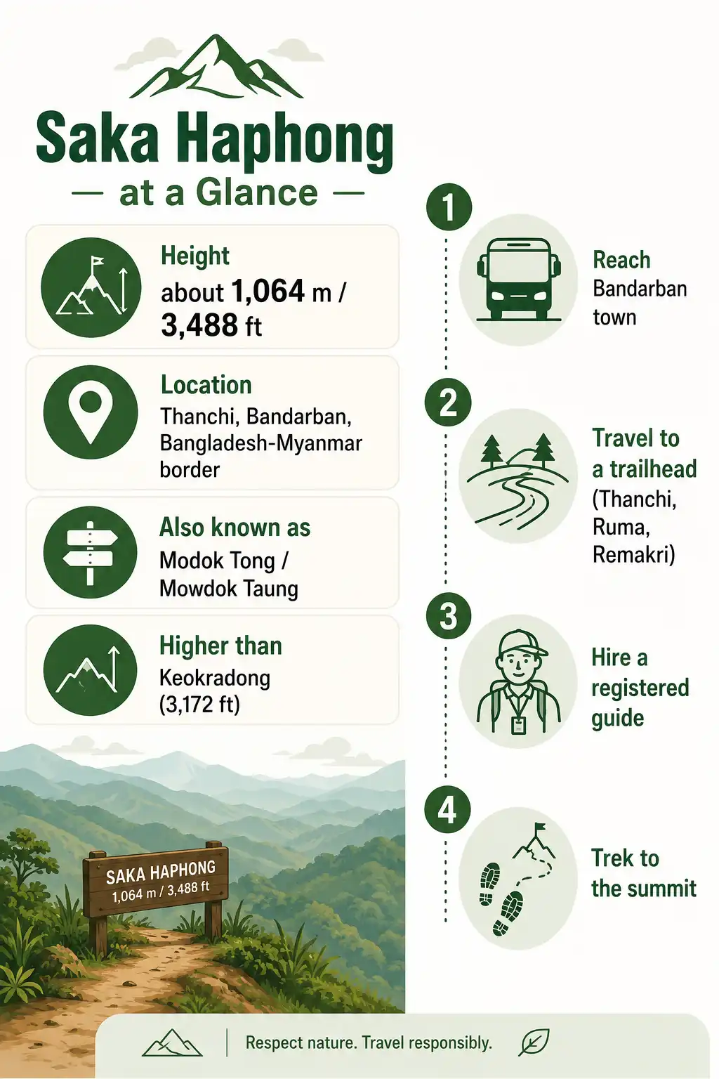 Infographic on Saka Haphong height location and the four steps to reach the summit in Bandarban