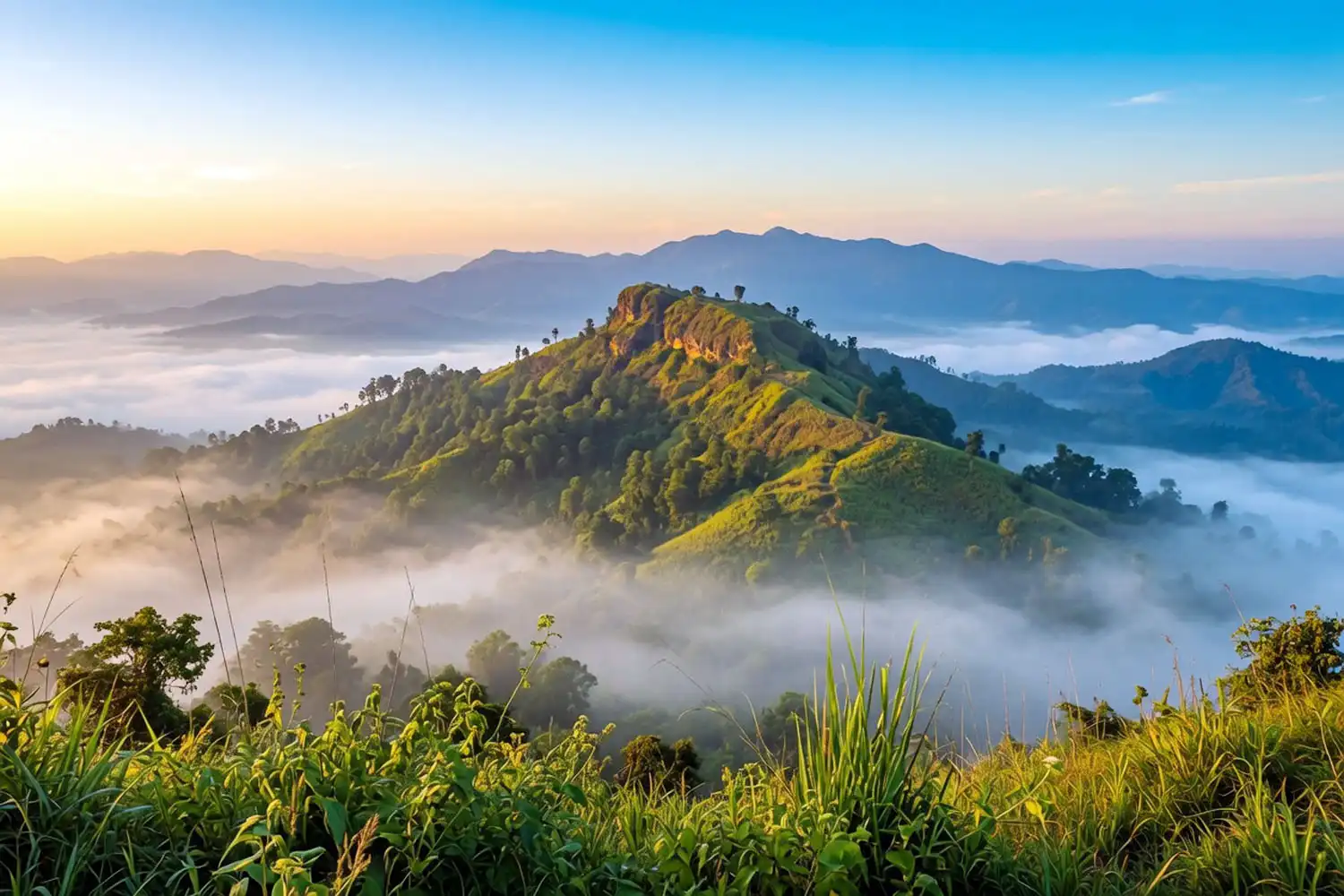 Saka Haphong summit ridge in Bandarban rising above a sea of clouds at sunrise on the Bangladesh Myanmar border