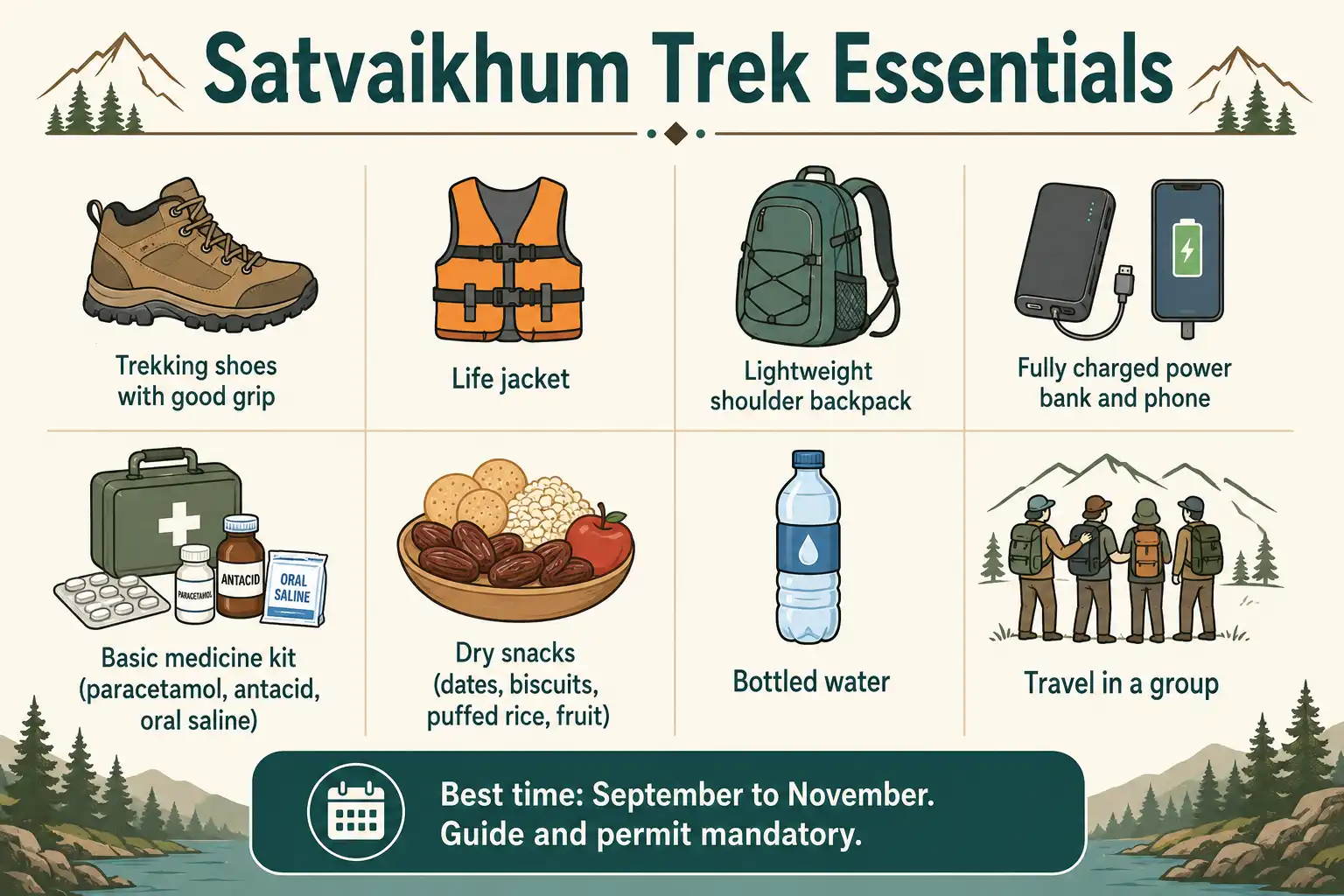 Infographic checklist of essential gear and safety tips for trekking to Satvaikhum in Bandarban