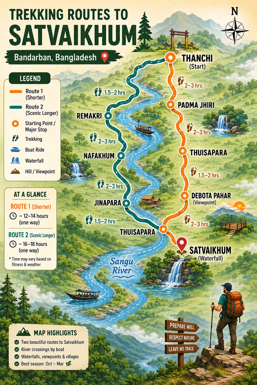 Infographic map of the two trekking routes from Thanchi to Satvaikhum through Remakri, Nafakhum, and Debota Pahar