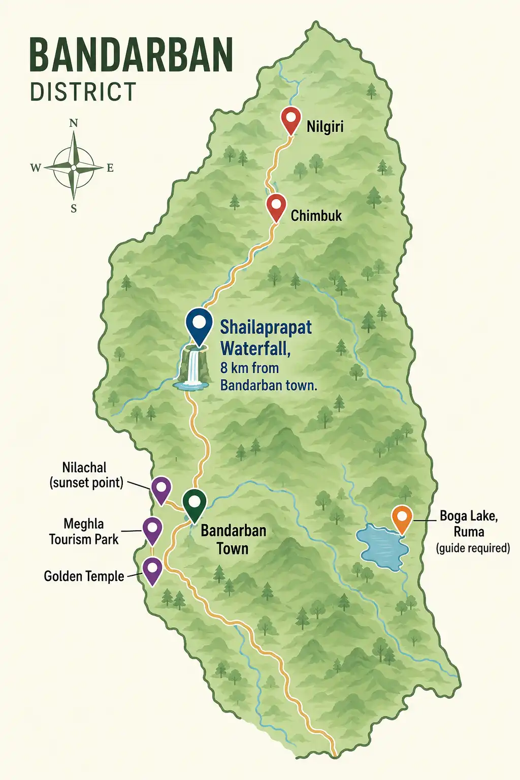 Infographic map placing Shoilopropat Waterfall near Chimbuk, Nilgiri, Nilachal, Meghla, Golden Temple, and Boga Lake in Bandarban