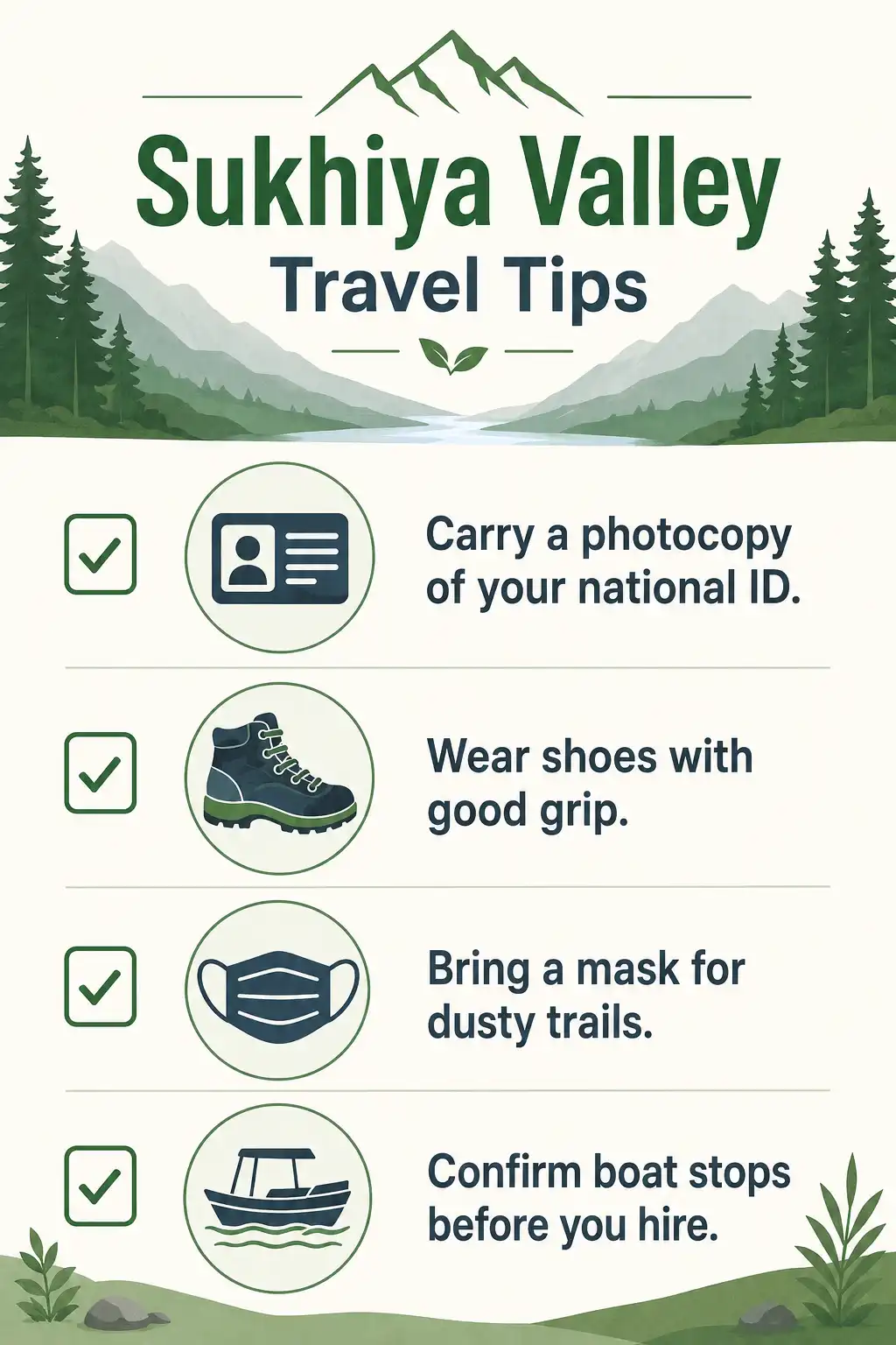 Travel checklist infographic for Sukhiya Valley covering ID copy, grip shoes, mask, and boat planning